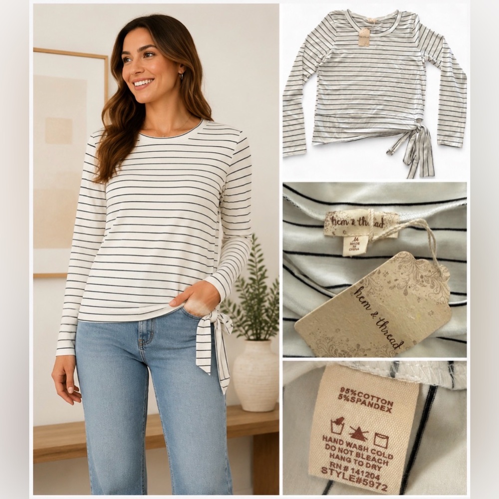 Hem & Thread Striped Side Tie Top Long Sleeve NWT Medium